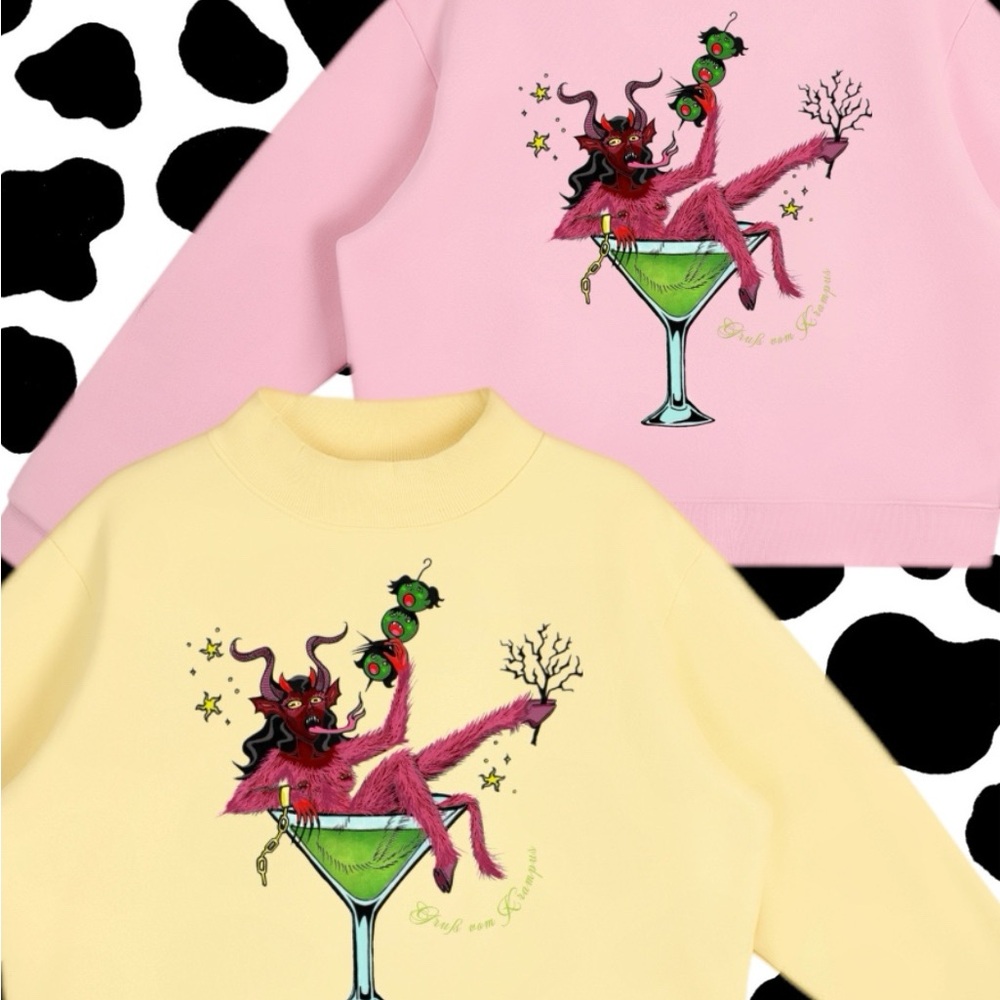 Pink and Yellow Sweatshirts with Krampus Graphic